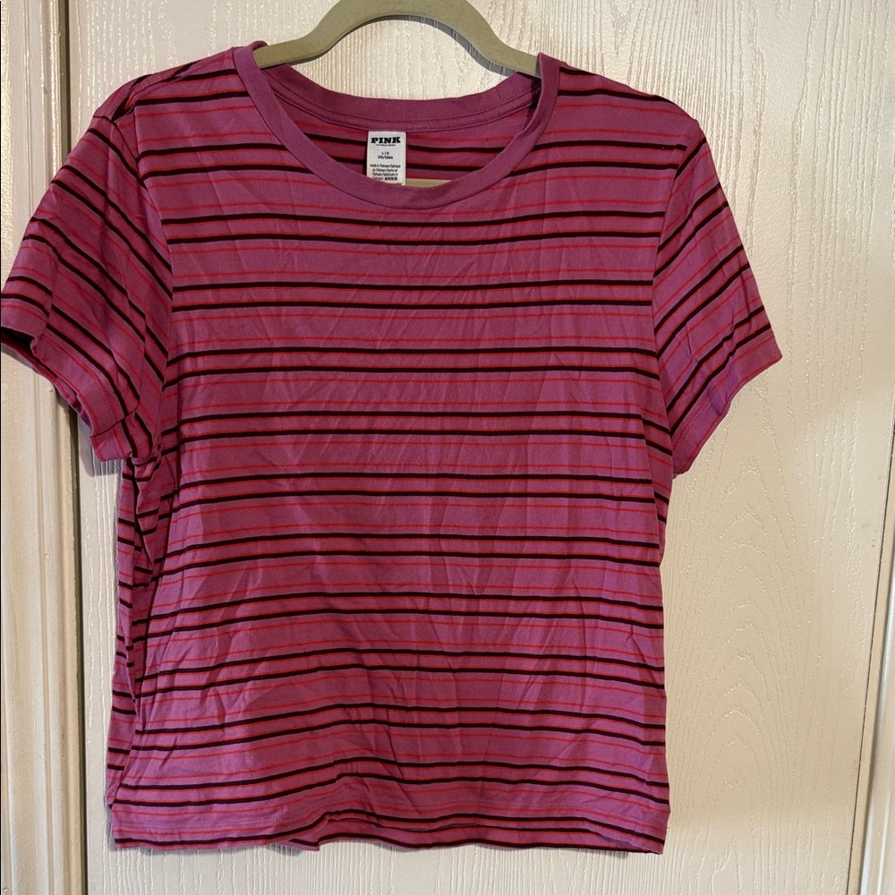 PINK Victoria's Secret Striped Short Sleeve Tee - Pink and Black